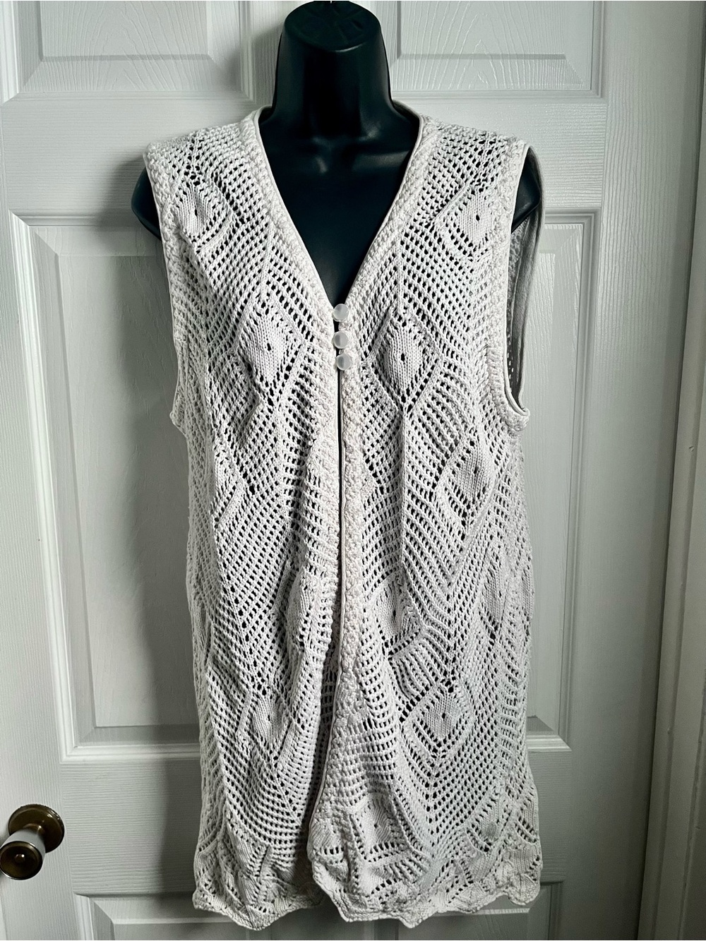 Vintage long Cardigan White Crochet Duster Vest Open Knit Boho Festival Button